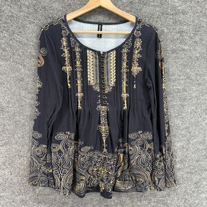 Just Fashion Now Blouse Women M Medium Gray Geometric Button Long Sleeve Casual